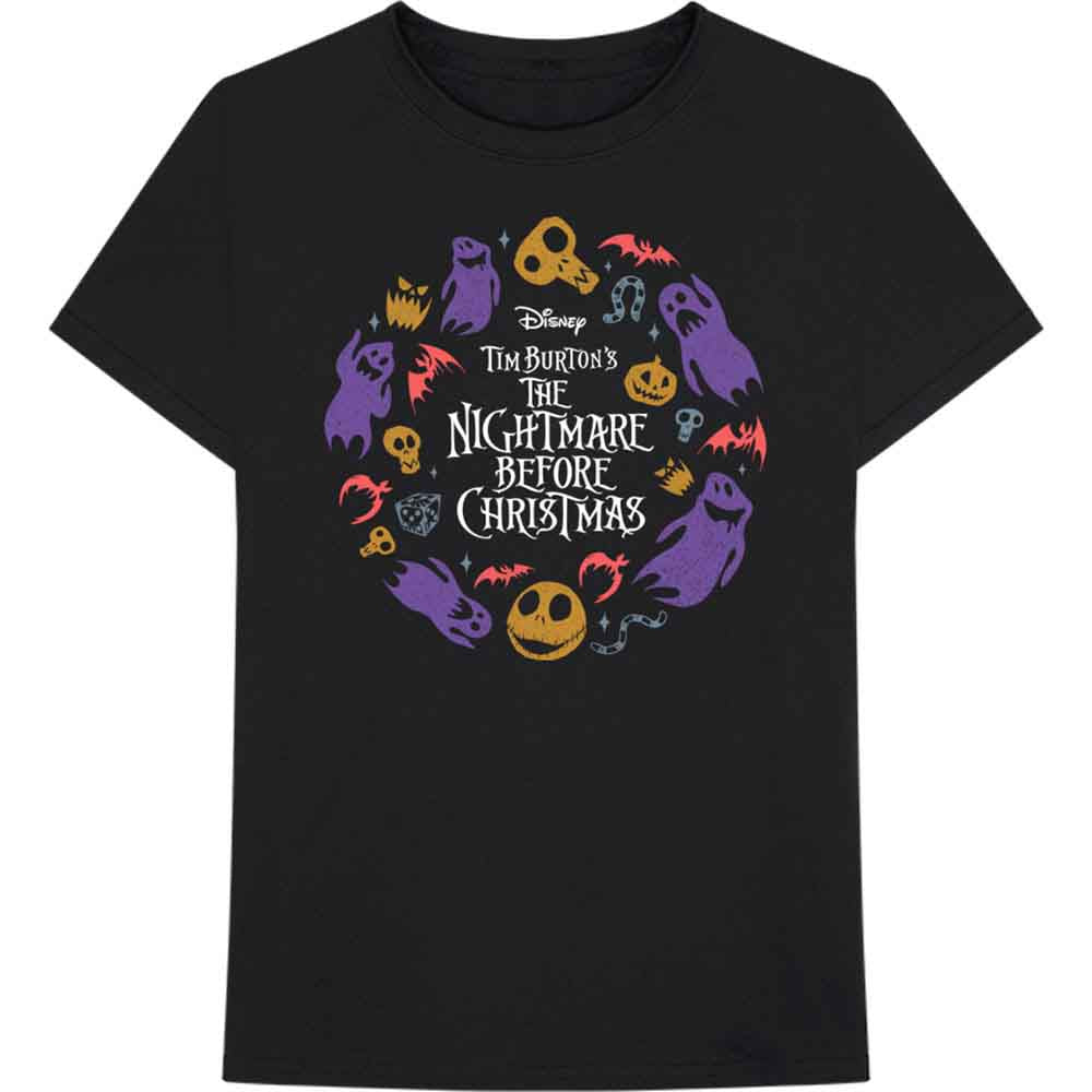 Black t-shirt with a circular “The Nightmare Before Christmas” character design.