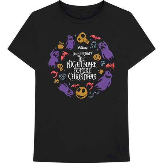Black t-shirt with a circular “The Nightmare Before Christmas” character design.
