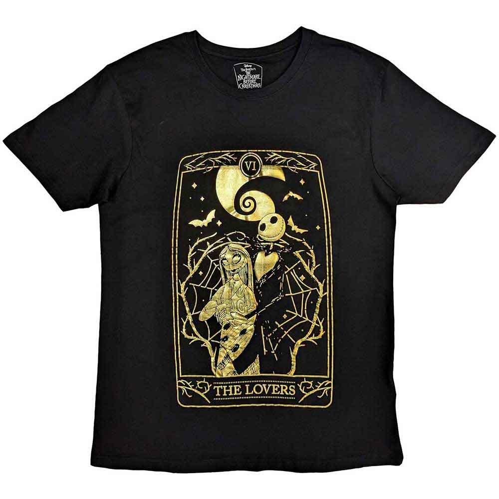 Unisex black t-shirt featuring a graphic print of Jack Skellington and Sally embracing.