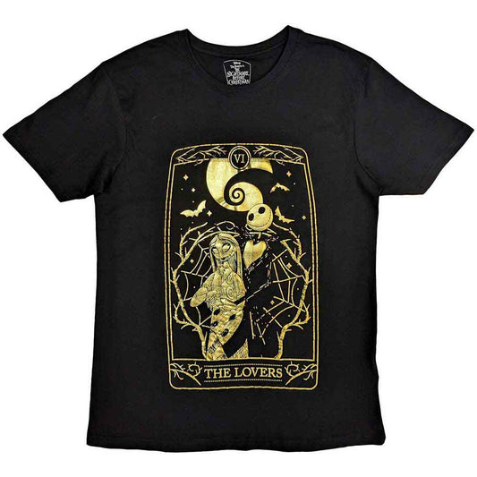 Unisex black t-shirt featuring a graphic print of Jack Skellington and Sally embracing.