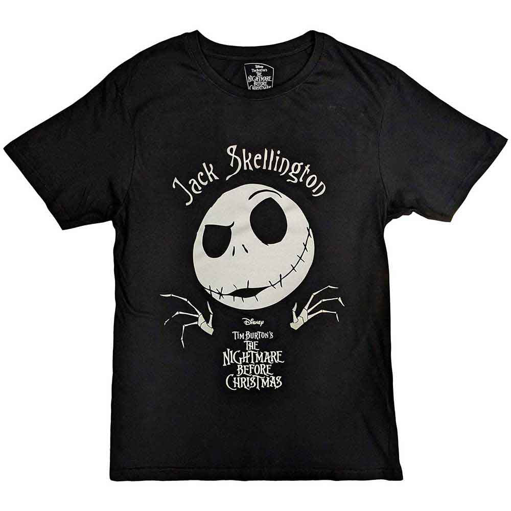 Black t-shirt featuring Jack Skellington’s embellished face, size X-Large.