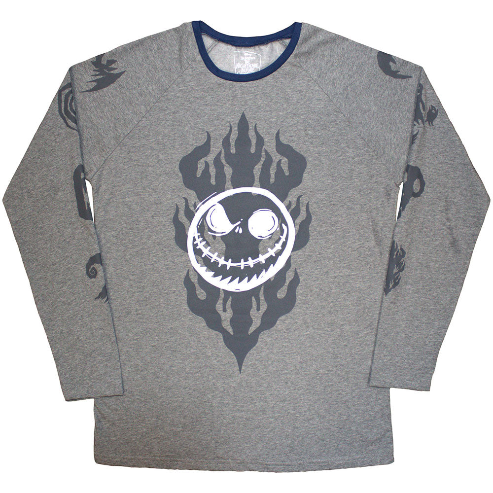 Long sleeve black t-shirt featuring a flaming, embellished Jack Skellington design.