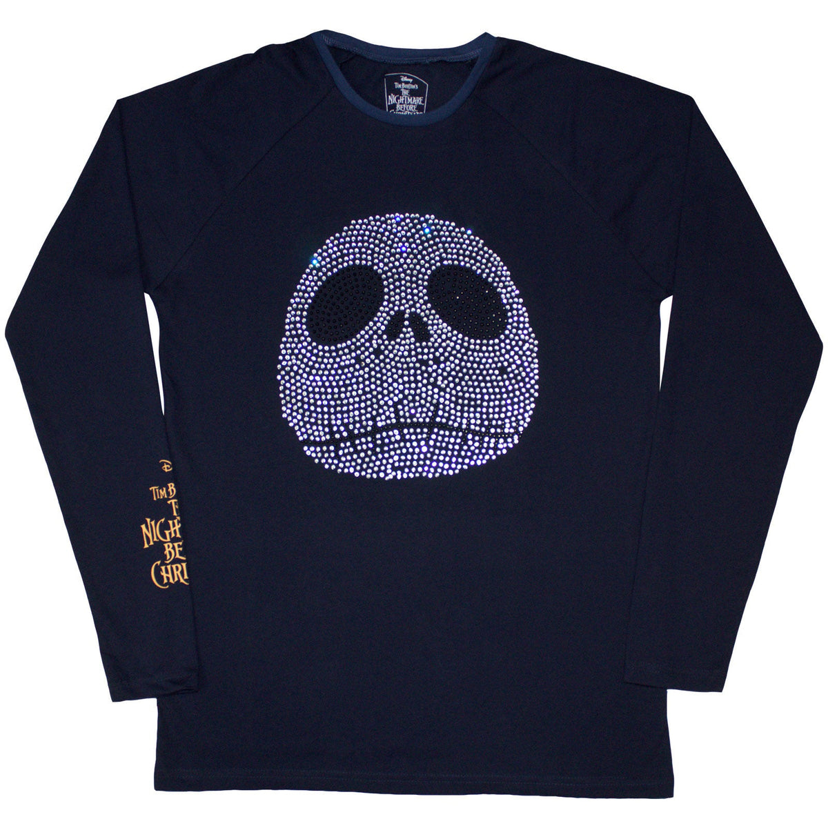 Long sleeve black t-shirt with rhinestone-embellished Jack Skellington design.