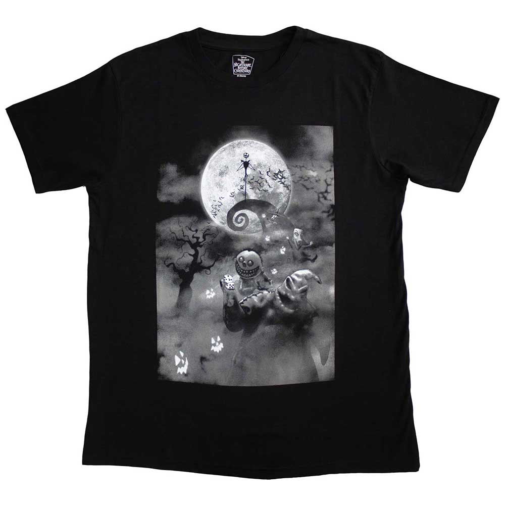 Large black t-shirt featuring Oogie Boogie and casino games from The Nightmare Before Christmas.