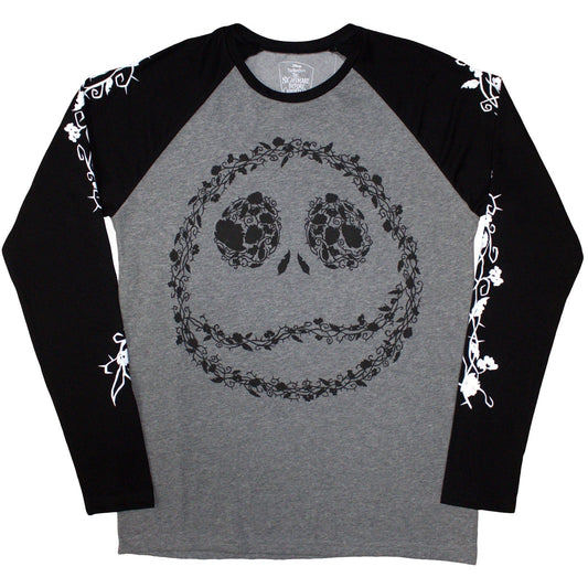 Floral-patterned Jack Skellington raglan t-shirt, small size.