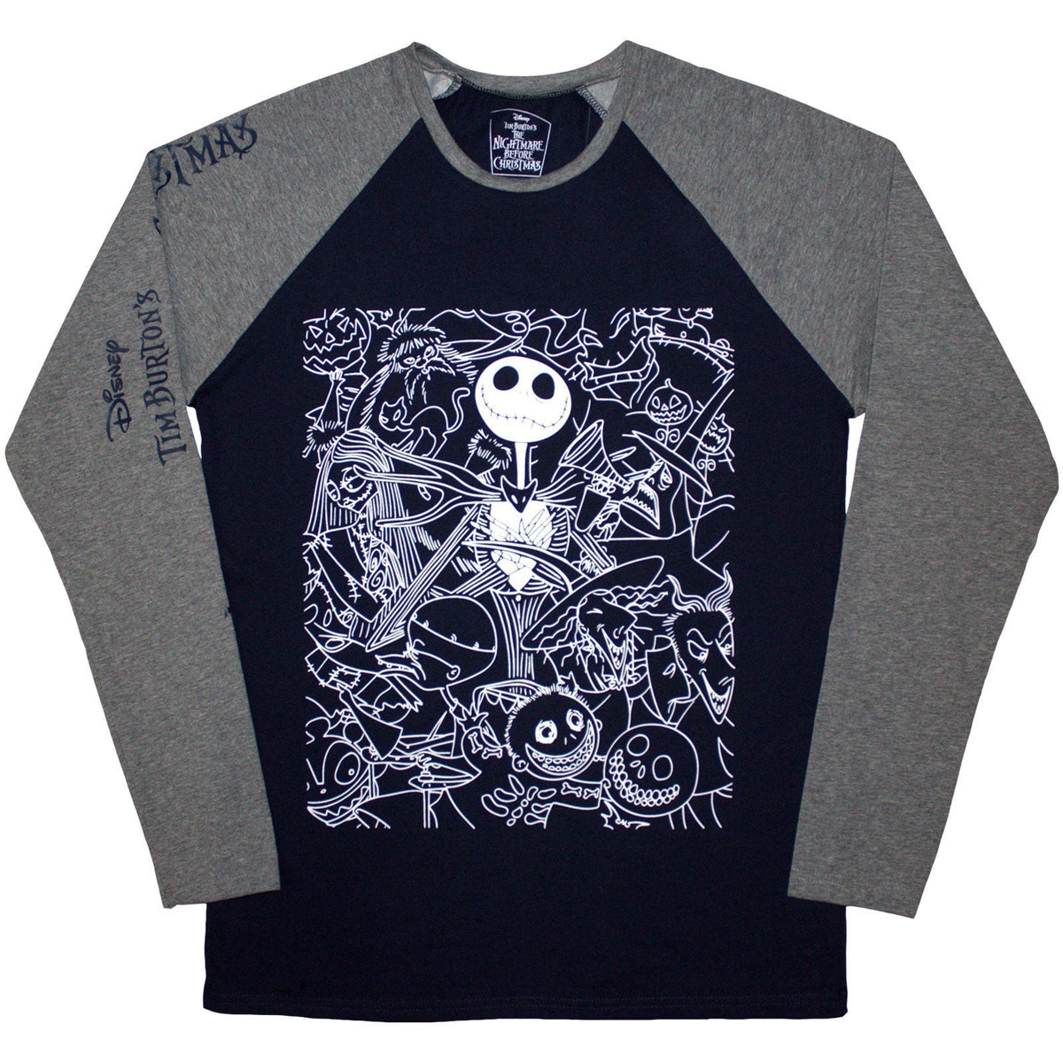 Raglan t-shirt with Jack Skellington surrounded by stylized, embellished crowd scene.