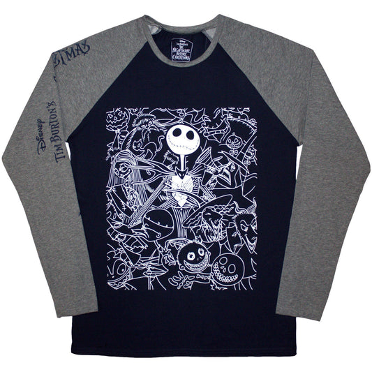 Raglan t-shirt with Jack Skellington surrounded by stylized, embellished crowd scene.