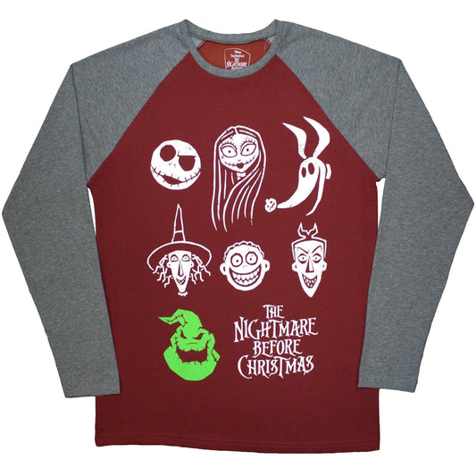 Raglan t-shirt with stacked, embellished character faces from The Nightmare Before Christmas.