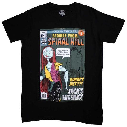 Black t-shirt featuring Sally from The Nightmare Before Christmas on Spiral Hill.