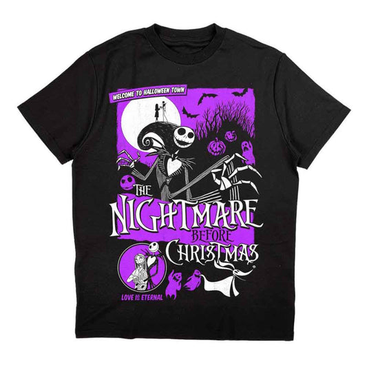 Black t-shirt featuring Jack Skellington and Nightmare Before Christmas graphics in purple and white.
