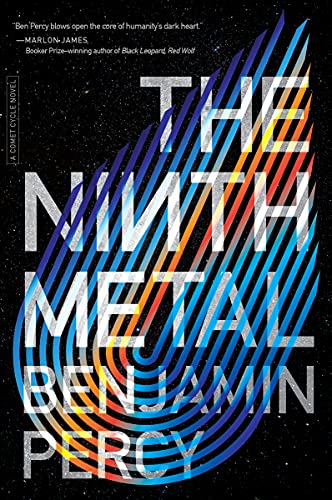 Book cover: “The Ninth Metal” with abstract colorful lines and text.
