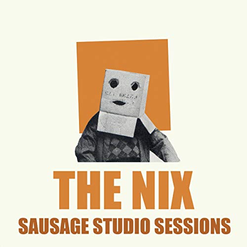 A person wearing a paper bag mask with "THE NIX SAUSAGE STUDIO SESSIONS" text.