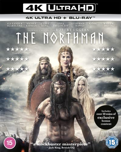 The Northman" Blu-ray cover featuring a shirtless warrior and other figures.