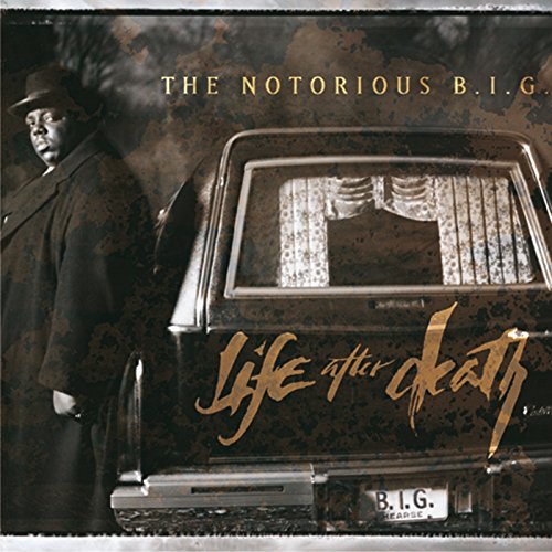 "Album cover with man in suit beside hearse, 'Life After Death' written in orange."