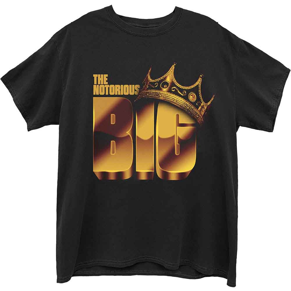 Black t-shirt with gold crown and "The Notorious B.I.G." text.