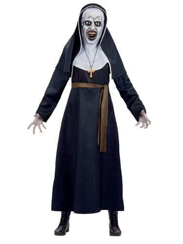 Scary nun costume with pale makeup, dark habit, and outstretched hands.
