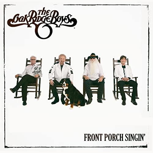 The Oak Ridge Boys pose on rocking chairs with a dog, album cover.