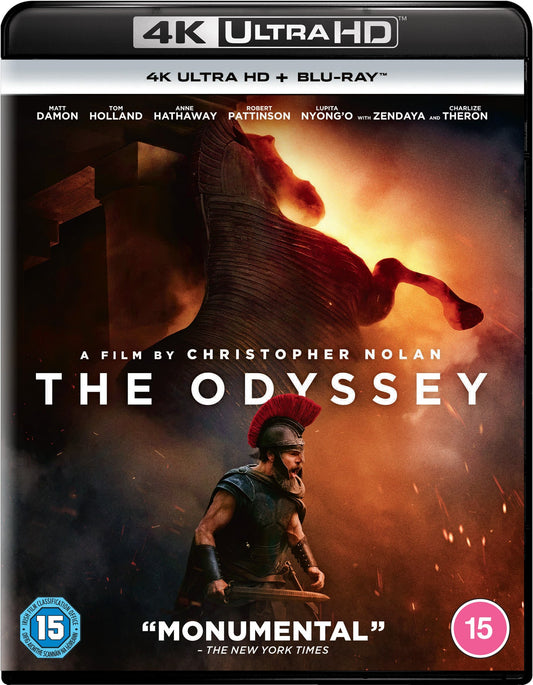 The Odyssey" 4K UHD & Blu-ray cover featuring a warrior and a large statue.