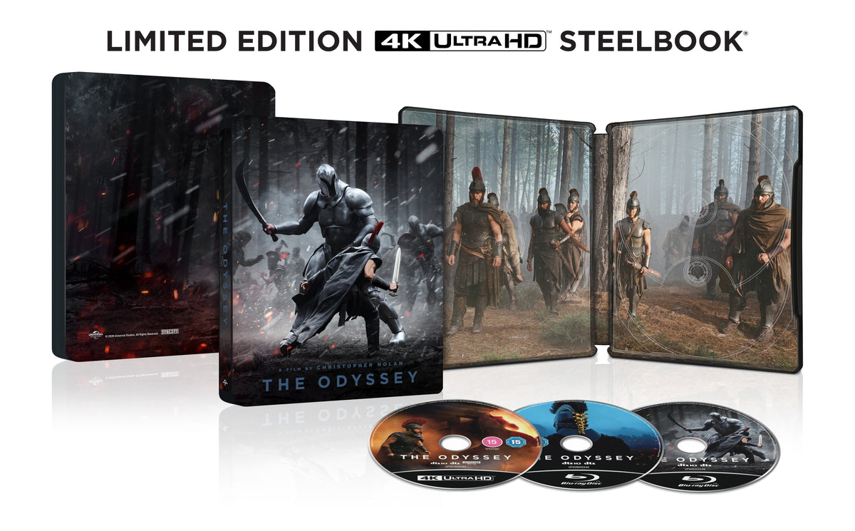 Steelbook edition of "The Odyssey" with film imagery and included discs.