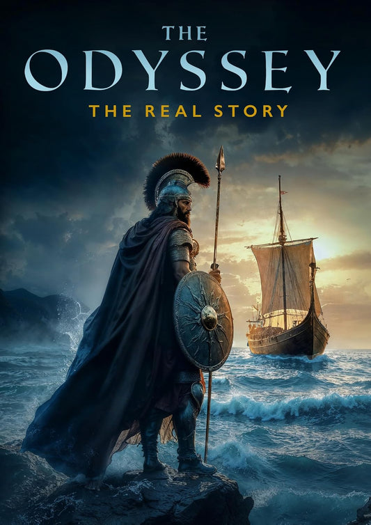 Warrior with shield and spear stands before a sailing ship.