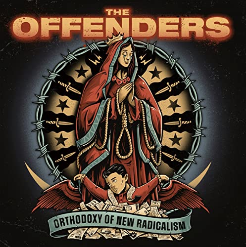 CD cover: Virgin Mary with barbed wire halo, knives, and winged figure.