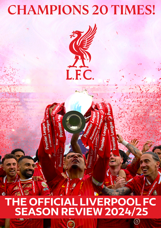Liverpool FC players celebrating with the Premier League trophy, confetti falling.