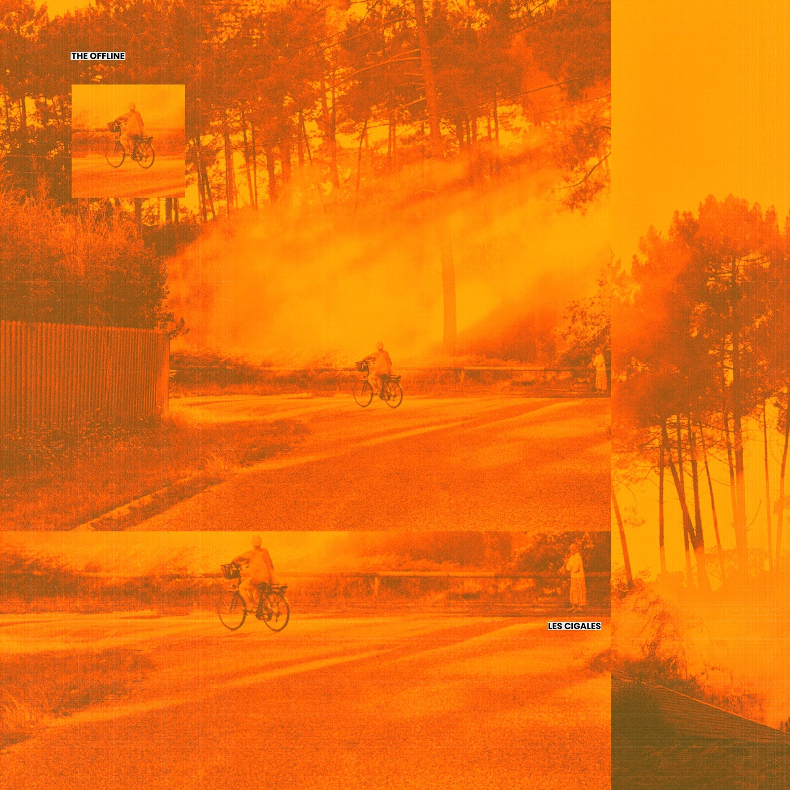 Orange album cover with fragmented images of cyclists on a road.
