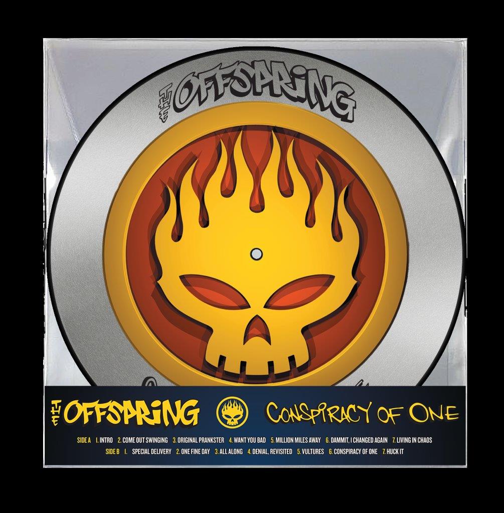 The Offspring’s “Conspiracy Of One” vinyl record with a fiery skull design.