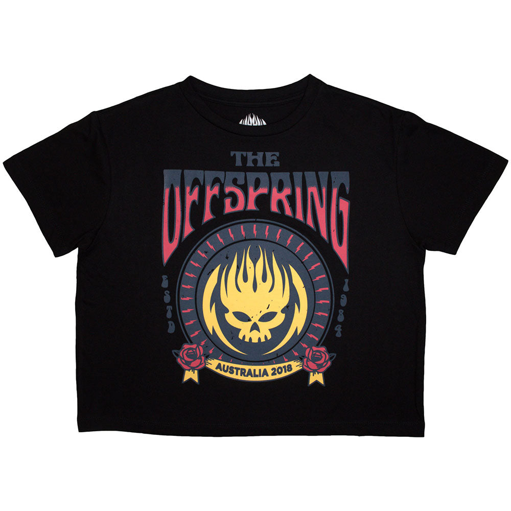 Ladies’ black crop top featuring “The Offspring” and “Australia 2018” design, size XX-Large.
