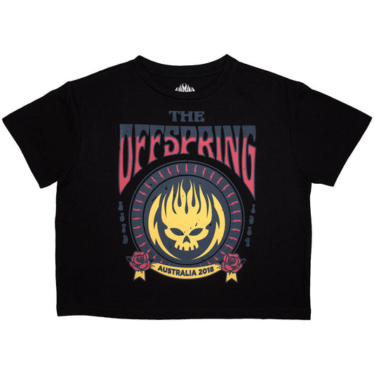 Ladies’ black crop top featuring “The Offspring” and “Australia 2018” design, size XX-Large.