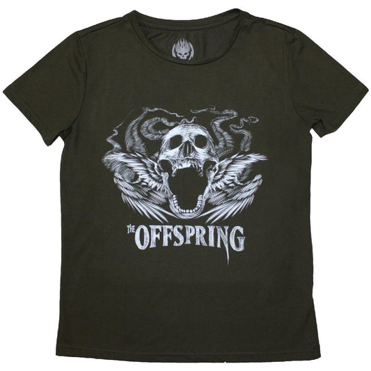 Black ladies' t-shirt with a graphic of a winged skull design.