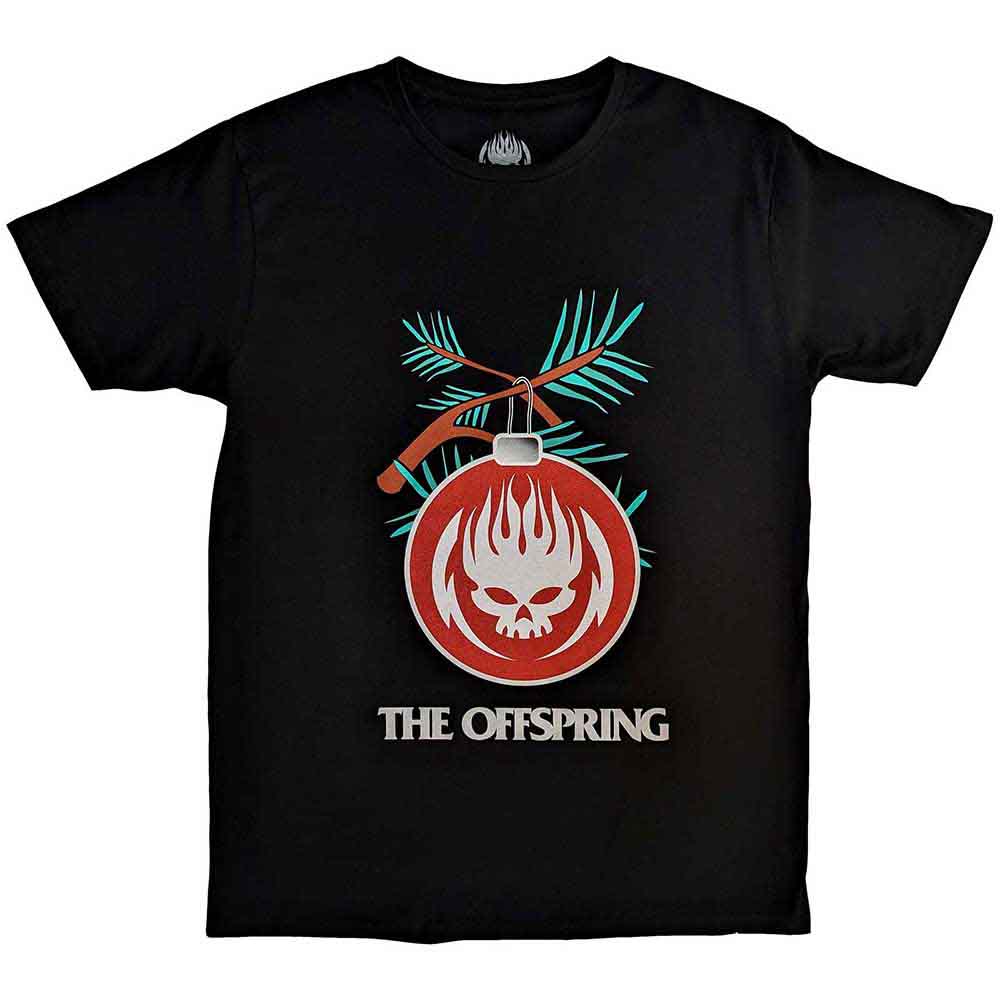 Black unisex T-shirt featuring The Offspring band logo and a festive bauble graphic.