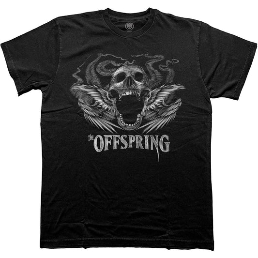 Black unisex t-shirt featuring a winged skull with feather details.