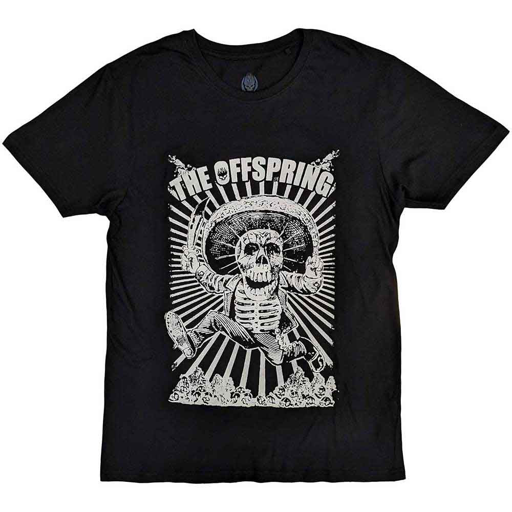 Black t-shirt with a white graphic of a jumping skeleton design.