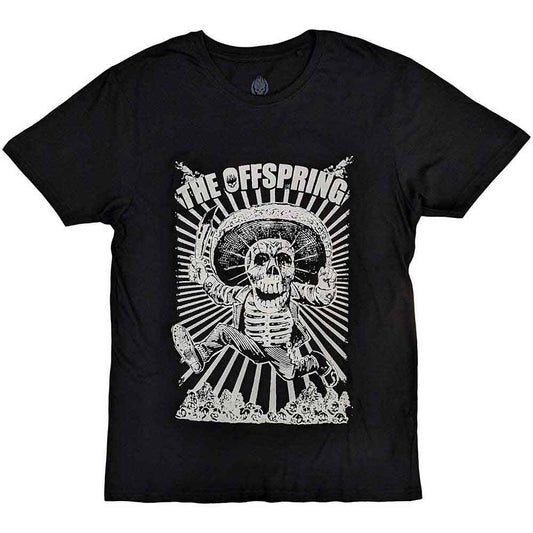 Black t-shirt with a white graphic of a jumping skeleton design.