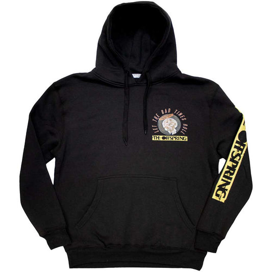 Black unisex pullover hoodie featuring The Offspring branding and graphic sleeve prints.