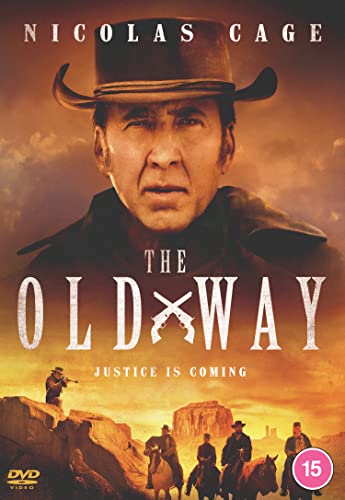 Nicolas Cage wearing a cowboy hat on The Old Way DVD cover with desert landscape.