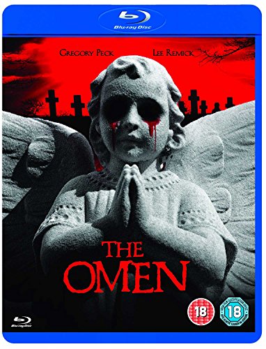 Blu-ray cover for "The Omen" featuring a stone angel with blood-red tears.