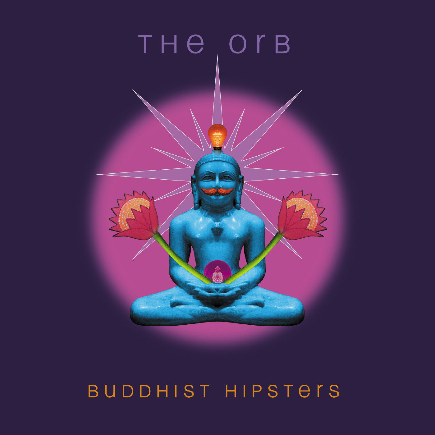 Blue Buddha statue with a lightbulb head, pink halo, and lotus flowers.