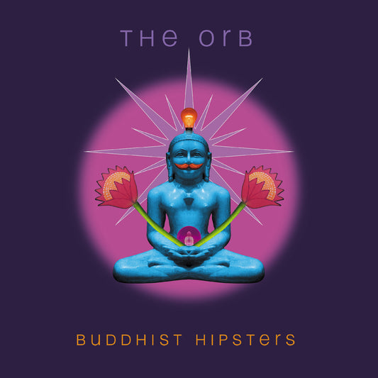 Blue Buddha statue with a lightbulb head, pink halo, and lotus flowers.