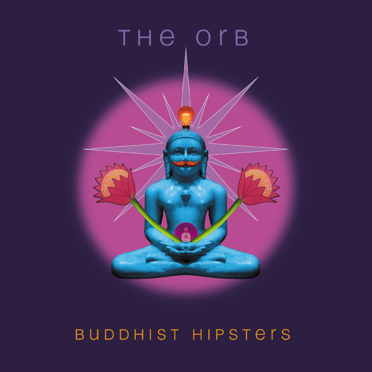 Blue Buddha statue with a lightbulb head, pink lotus flowers, purple background.