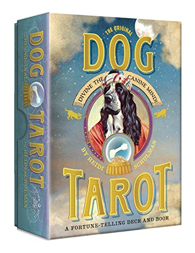 Boxed tarot deck featuring a dog in a regal portrait with golden lettering.