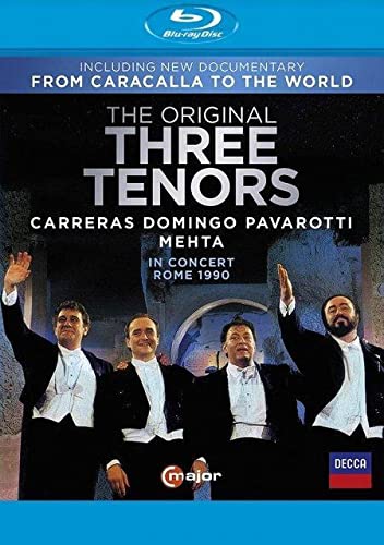 Blu-ray cover featuring the three tenors – Carreras, Domingo, Pavarotti – in concert.