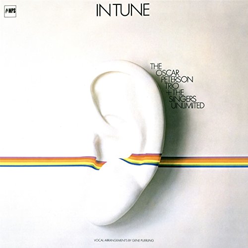 Vinyl record cover with a white ear and colorful stripe.