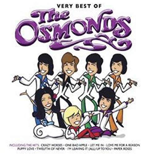 Cartoon illustration of The Osmonds on a CD cover with purple stylized text.