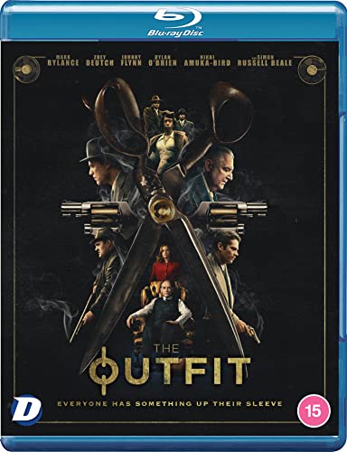 Blu-ray cover for The Outfit featuring a large pair of scissors and several characters.