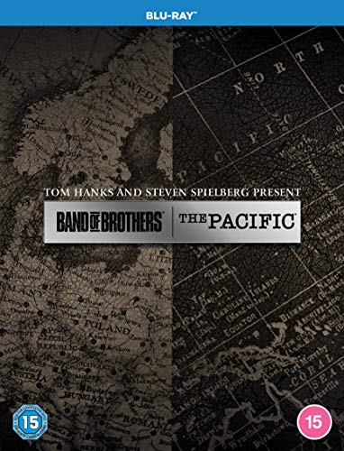 Blu-ray cover for "The Pacific" and "Band of Brothers" with a map background.