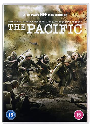 DVD cover for "The Pacific" depicting soldiers in wartime action.