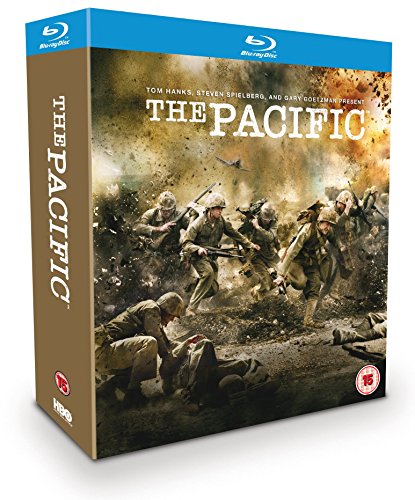 Blu-ray case for "The Pacific" depicting soldiers in World War II combat.