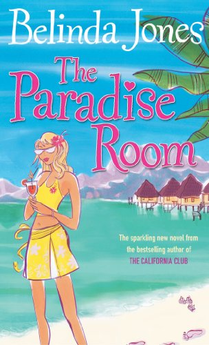 Book cover: woman with drink, tropical bungalows, turquoise water, and palm leaves.